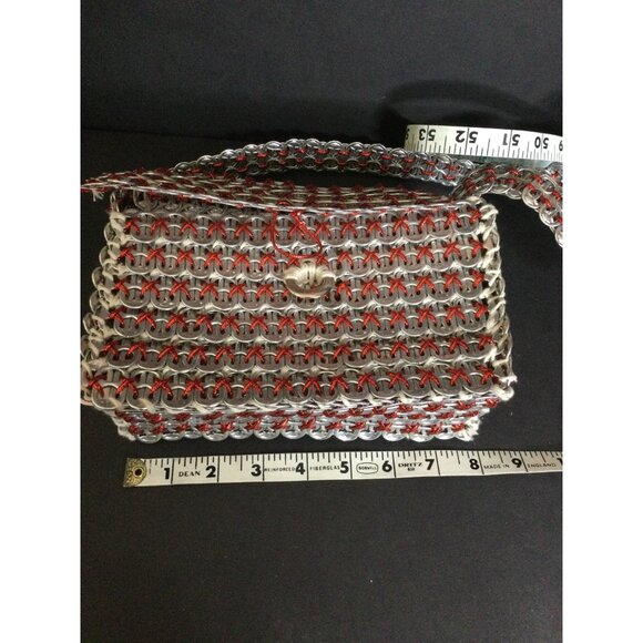 Handmade Aluminum Pop Tab Bag Purse Red String Accents Button Closure - Picture 5 of 8